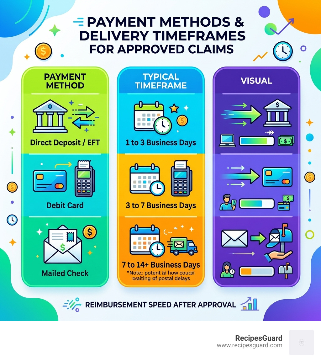 Comparison of payment methods and their typical delivery timeframes - travel insurance claim status infographic 
