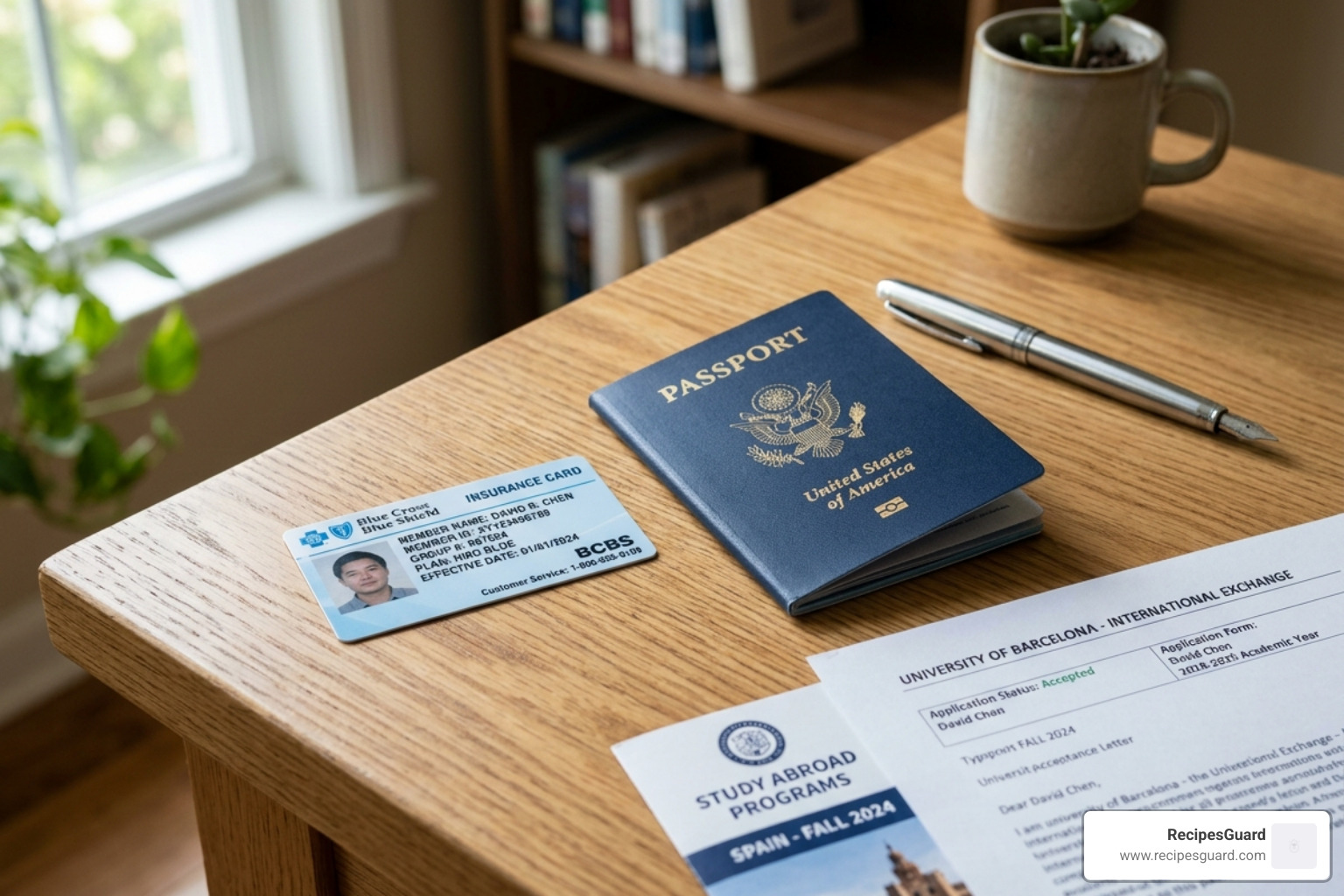 medical ID card and passport on a desk - student study abroad insurance claim process