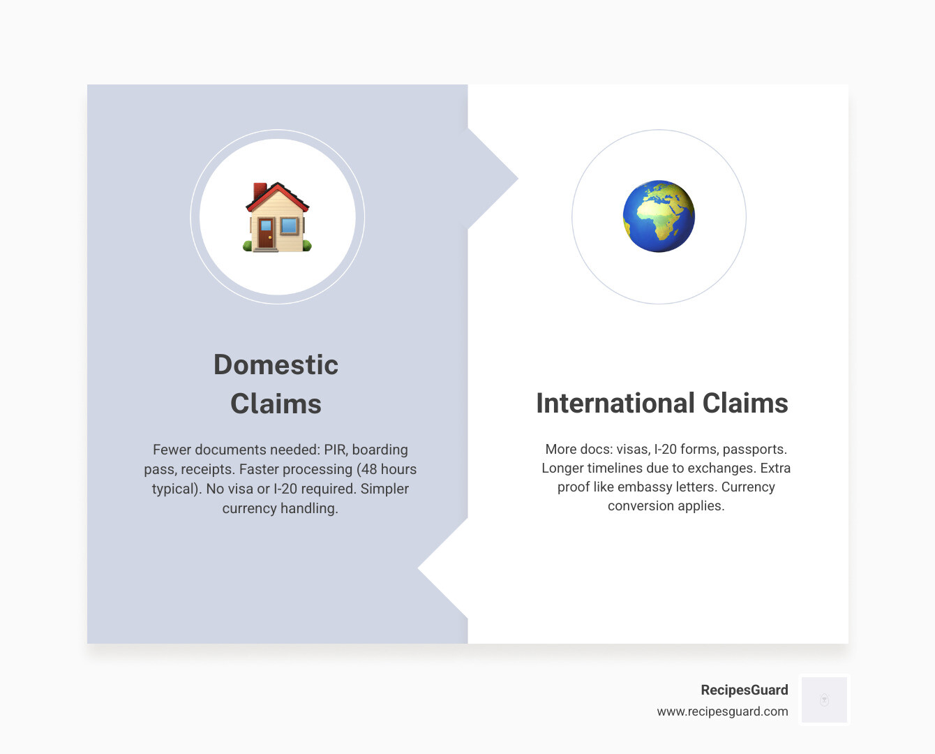 Comparison of domestic vs international claim requirements - student flight insurance claim infographic