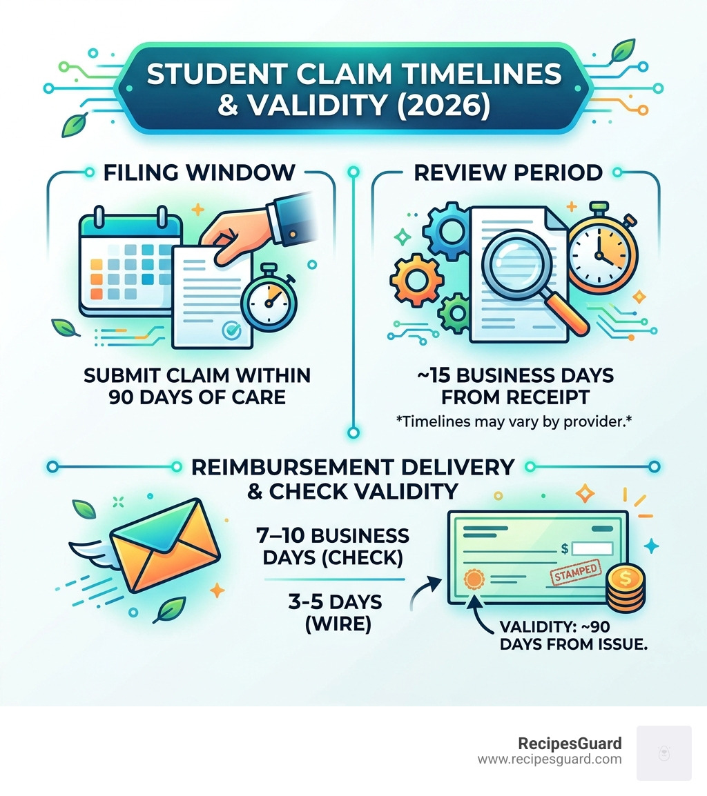 Comparison of processing times and check validity - student study abroad insurance claim process infographic 