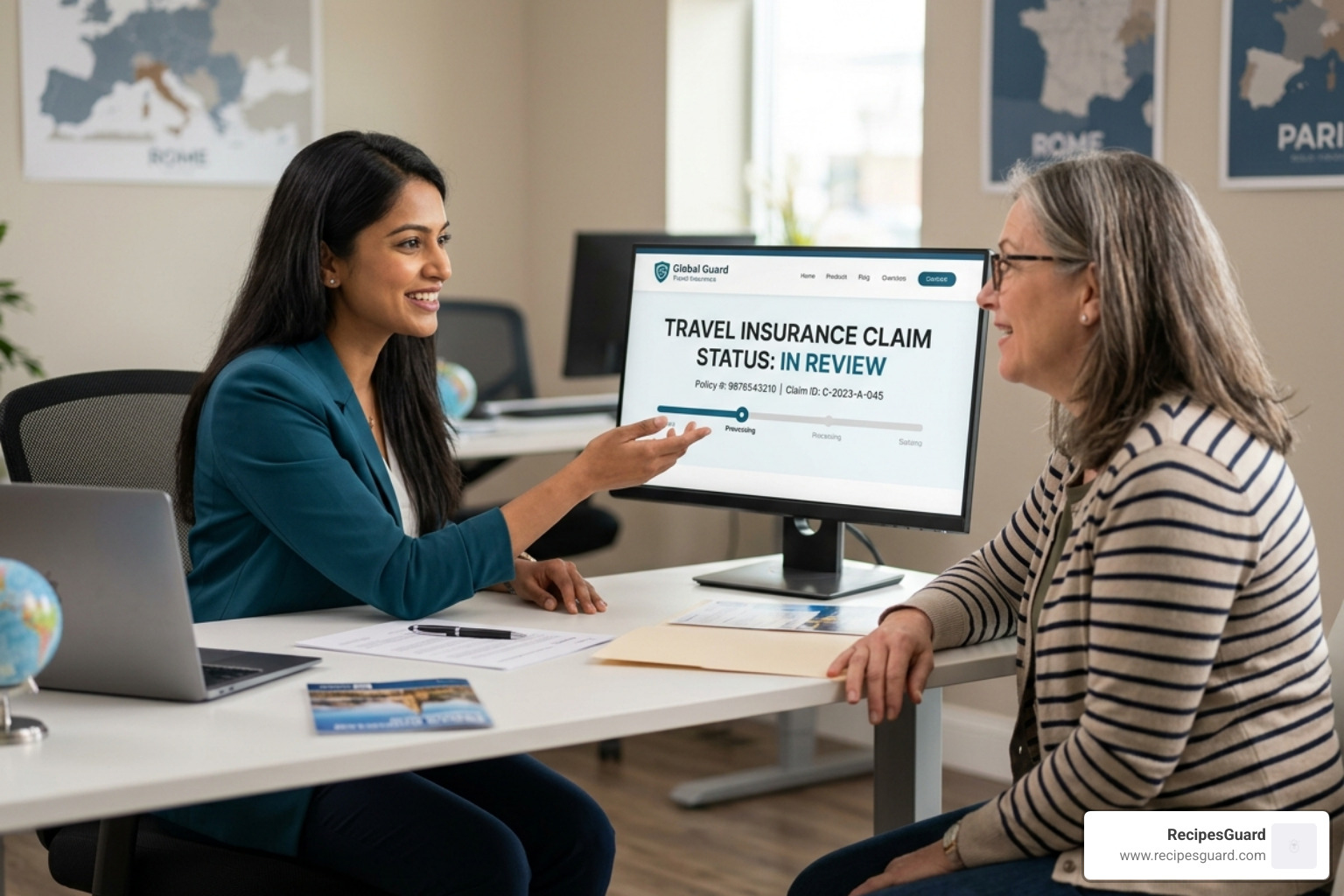 Confirmation of Benefits document with highlighted policy numbers and claim ID fields - travel insurance claim status