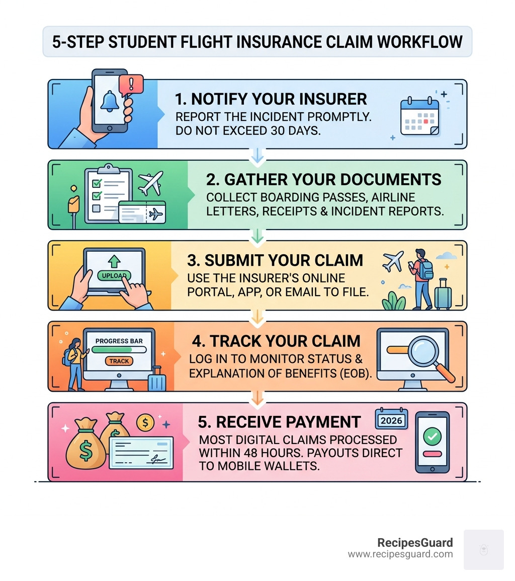 5-step student flight insurance claim workflow infographic - student flight insurance claim infographic 