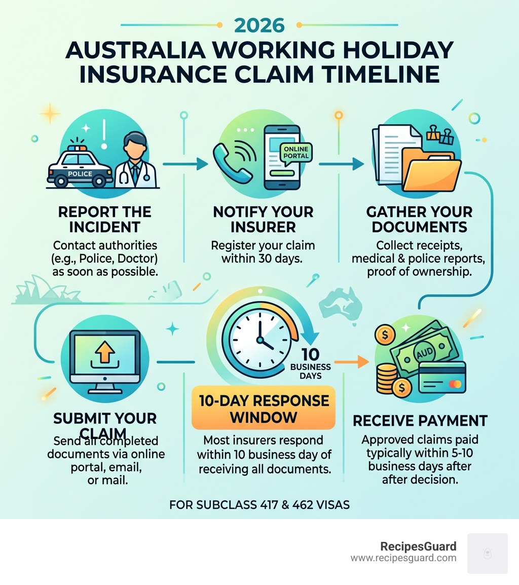 2026 australia working holiday insurance claim timeline and 10-day response window infographic - australia working holiday