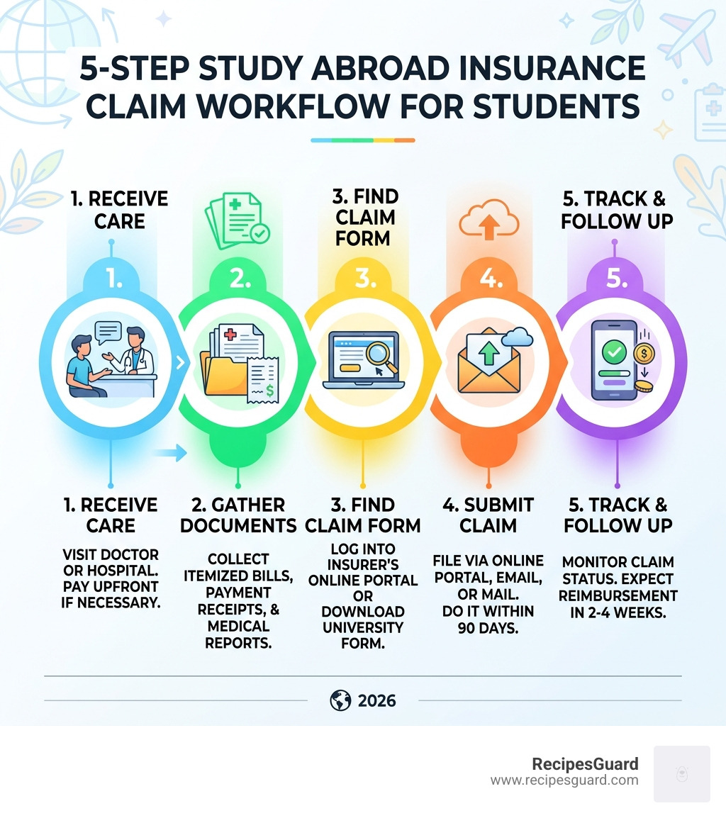 5-step study abroad insurance claim workflow infographic for students - student study abroad insurance claim process