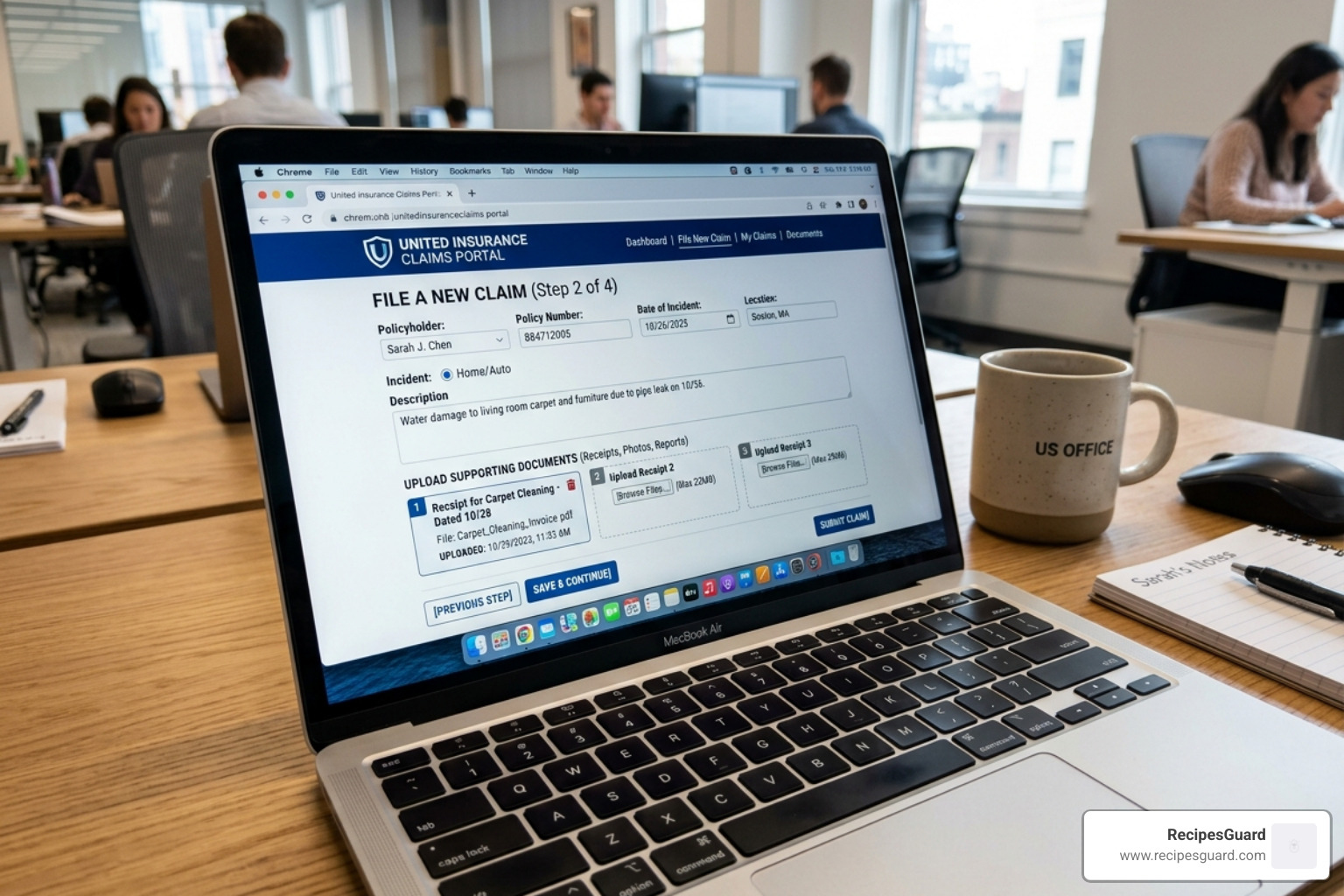 laptop screen showing an online claim portal - step by step filing