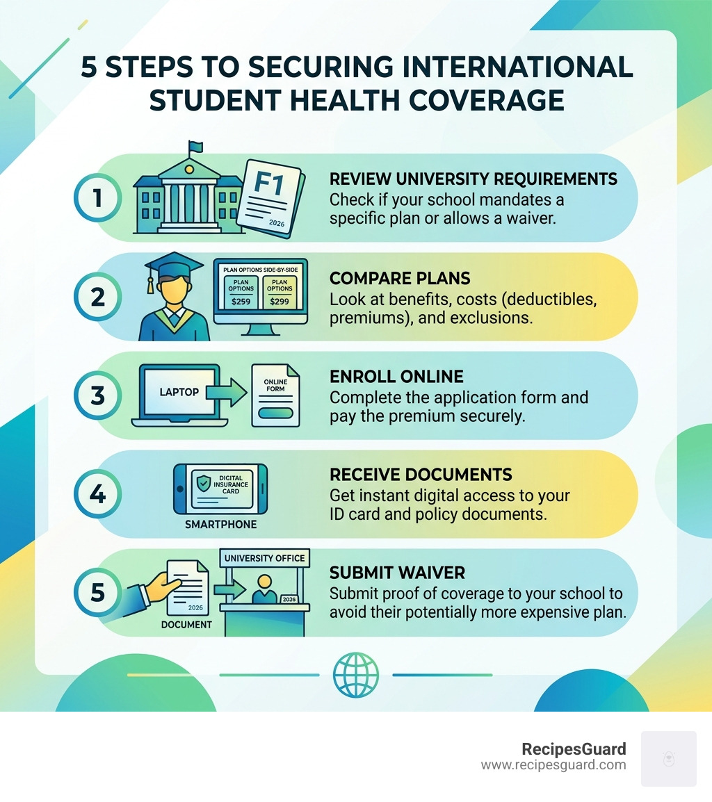 5 steps to securing international student health coverage infographic - international student health coverage infographic 
