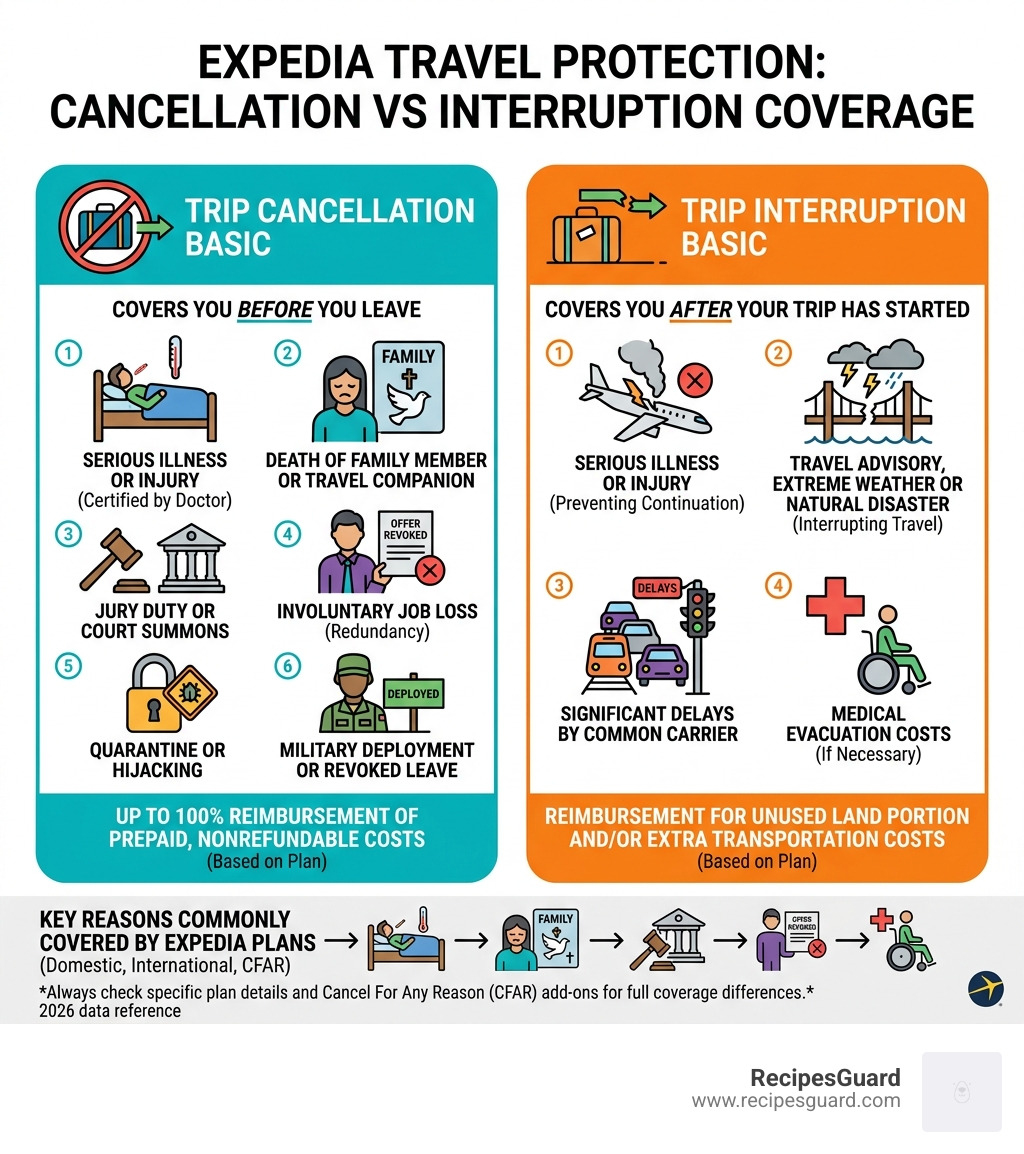 Infographic comparing trip cancellation vs trip interruption coverage basics and Expedia covered reasons - covered reasons