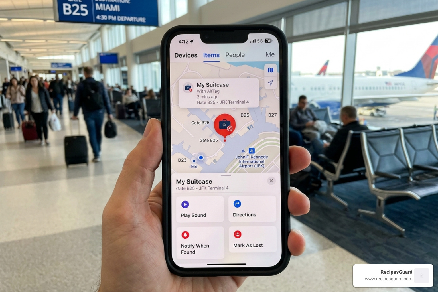 Smartphone screen showing the precise location of a suitcase via AirTag - claim lost bag guide