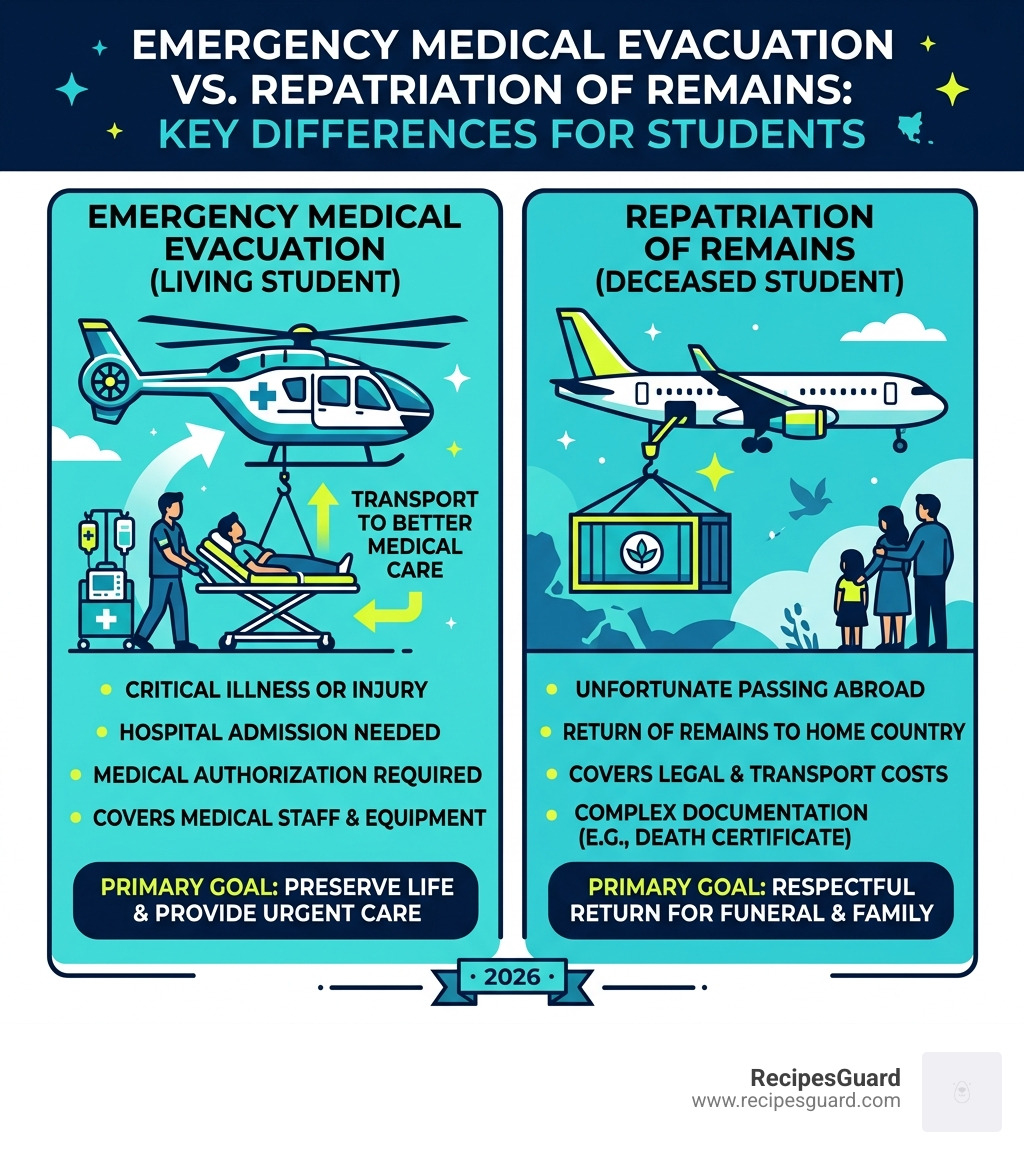Infographic showing the difference between emergency medical evacuation and repatriation of remains for students