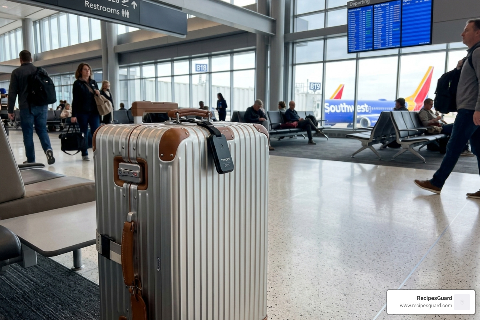 high-end suitcase with a tracking tag - lost suitcase insurance guide