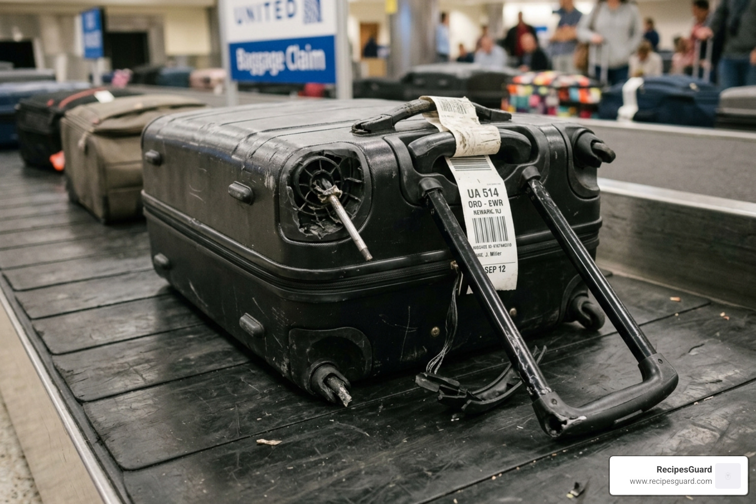 Close up of a damaged suitcase wheel and broken handle - claim lost bag guide