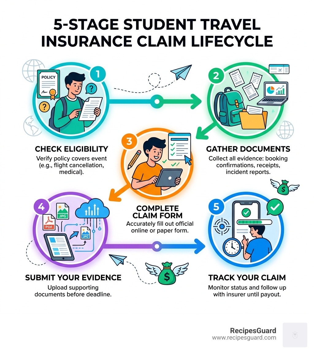 5-stage insurance claim lifecycle for student travelers - step by step filing infographic 
