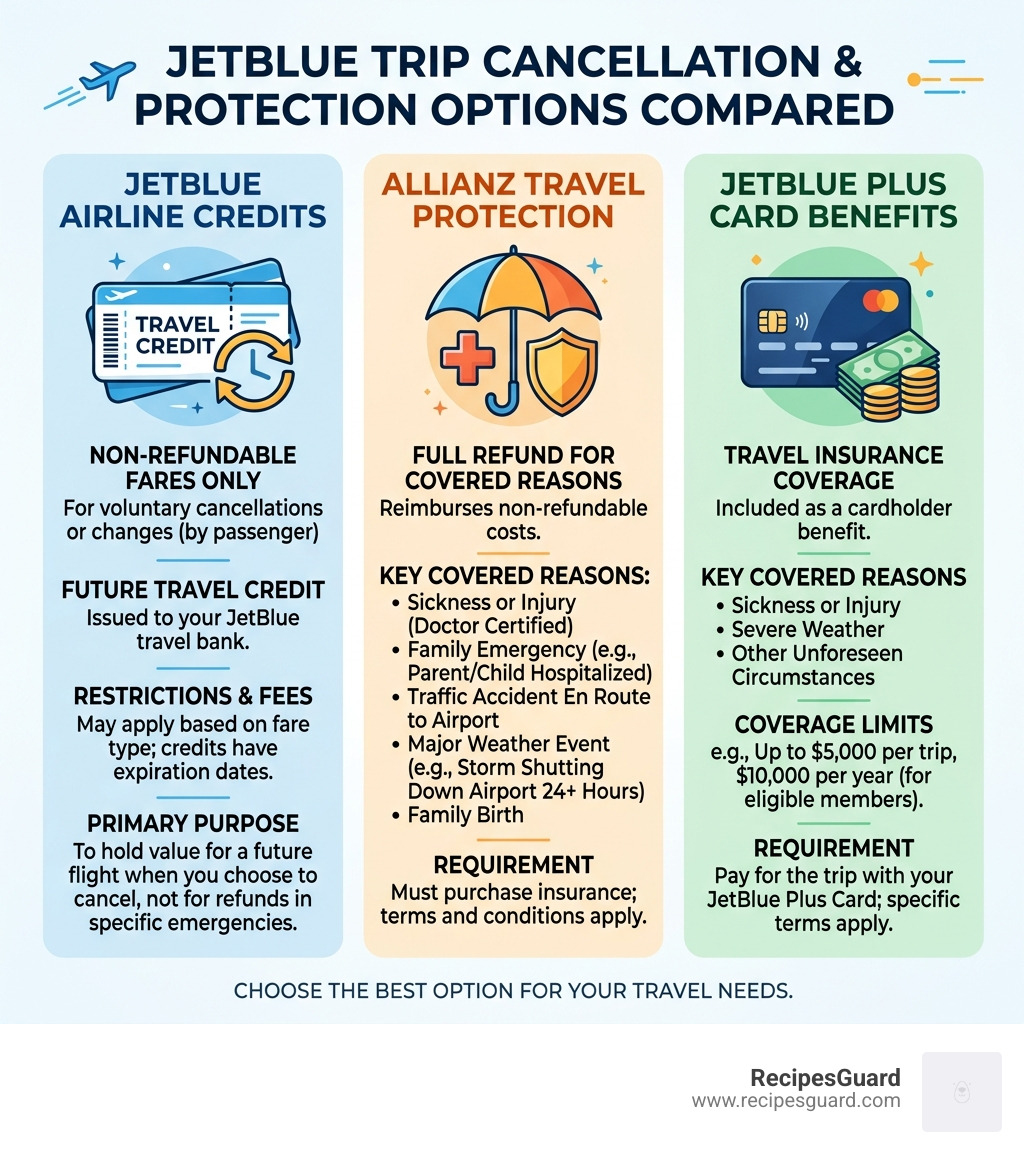 Infographic comparing JetBlue airline credits vs Allianz insurance refunds vs JetBlue Plus Card trip cancellation coverage