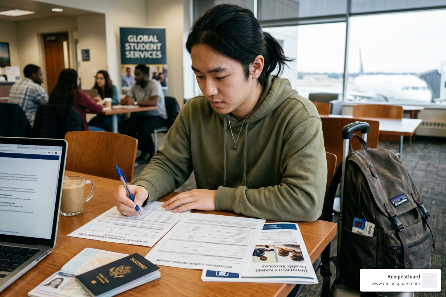student traveler reviewing medical documents - pre-existing conditions insurance