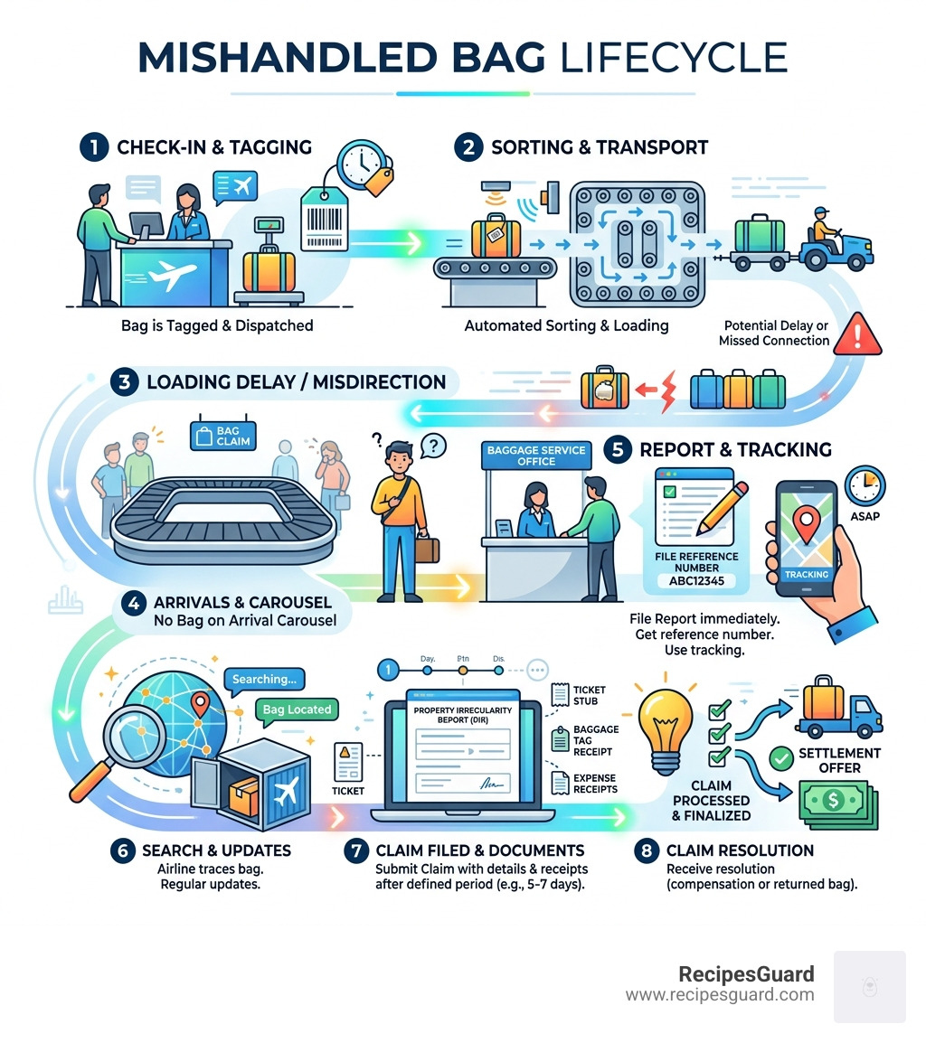 Lifecycle of a mishandled bag from check-in to claim resolution - claim lost bag guide infographic 