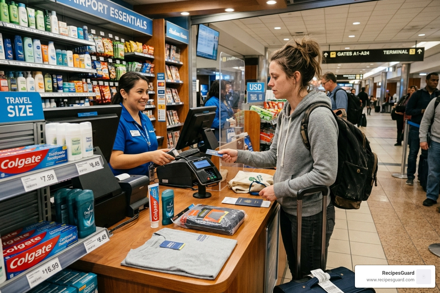 traveler purchasing emergency toiletries - lost suitcase insurance guide