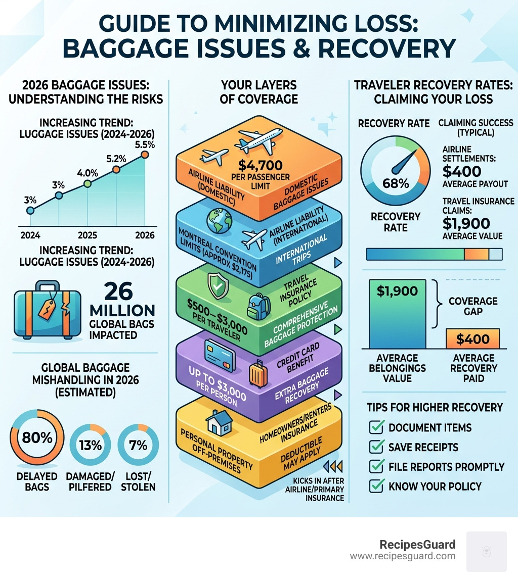 infographic showing 2026 baggage loss statistics, coverage layers, and traveler recovery rates - lost suitcase insurance