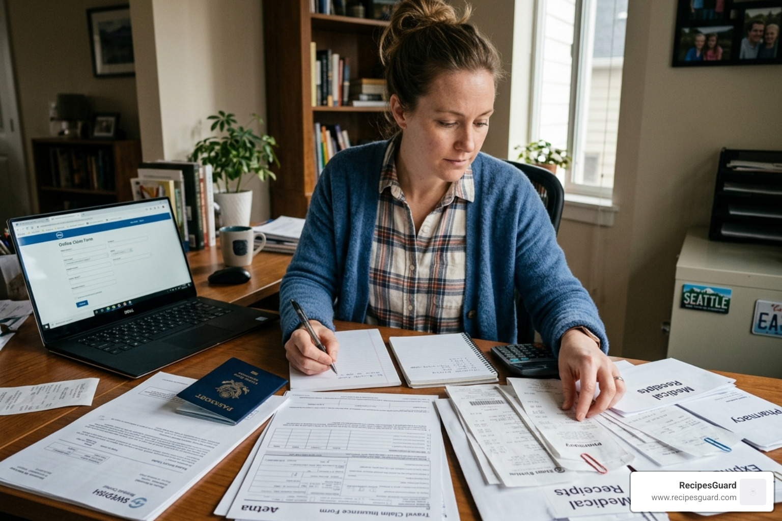 A traveler organizing receipts and medical documents for an insurance claim - domestic trip cancellation insurance