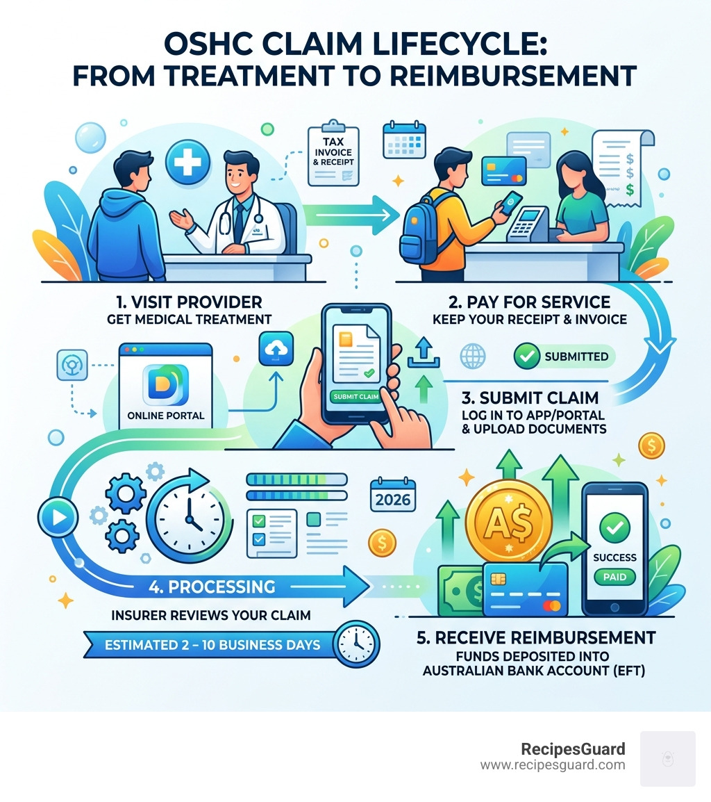 OSHC claim lifecycle infographic from treatment to reimbursement showing steps and timelines - oshc claim step by