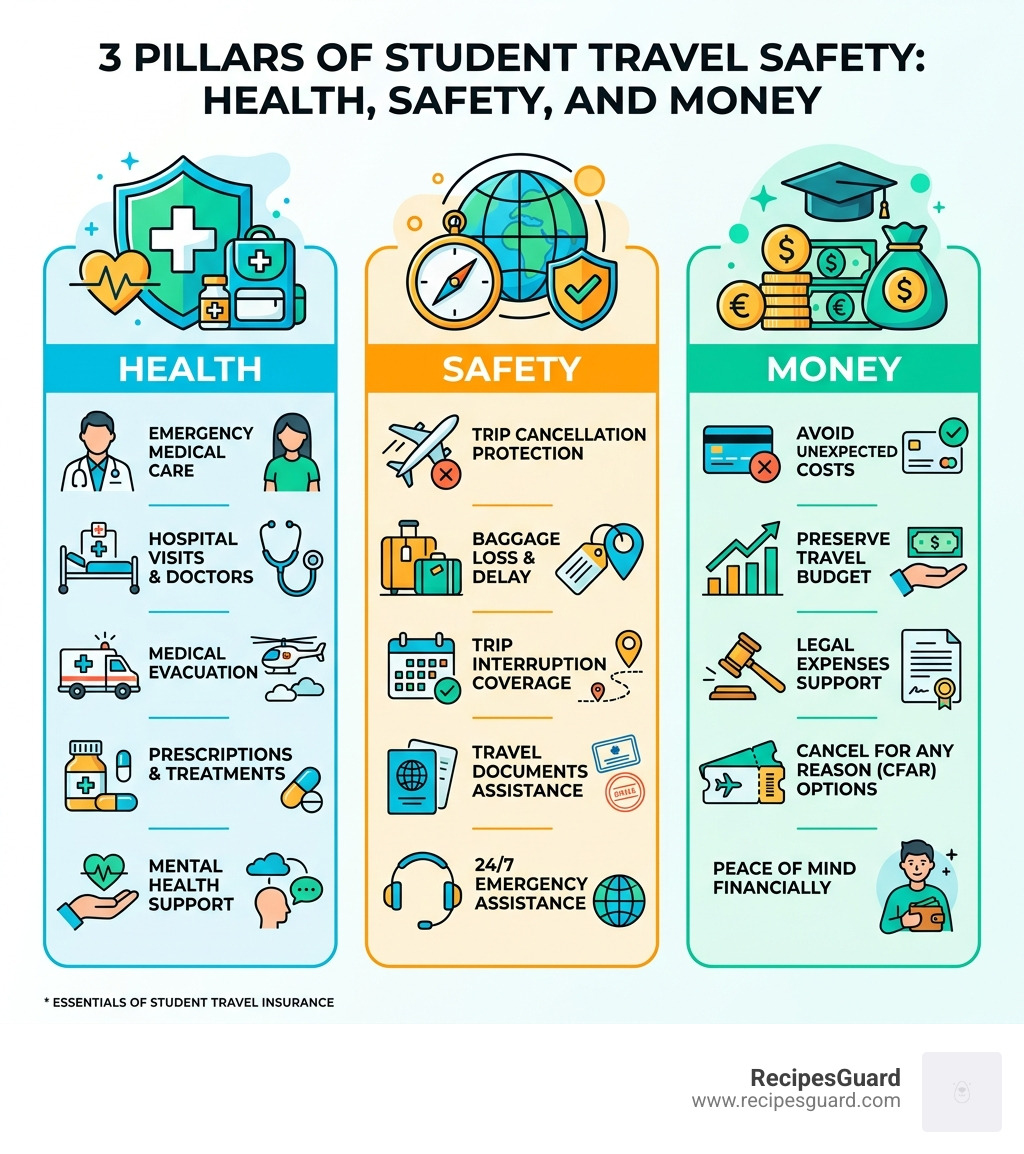 3 pillars of student travel safety: health, safety, and money infographic - travel insurance for students infographic 