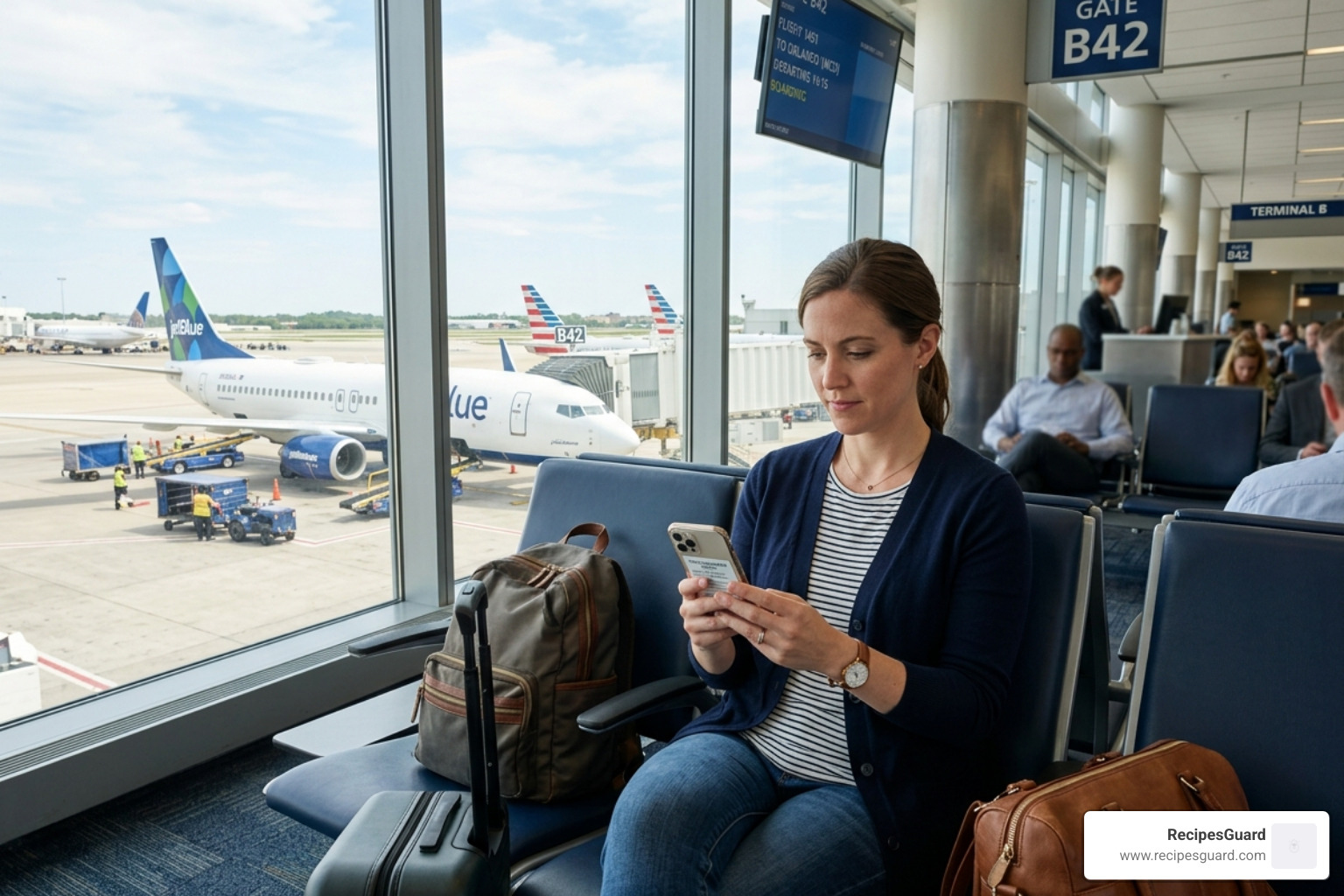 A traveler reviewing a digital insurance policy on a smartphone at an airport gate - flight ticket cancellation insurance