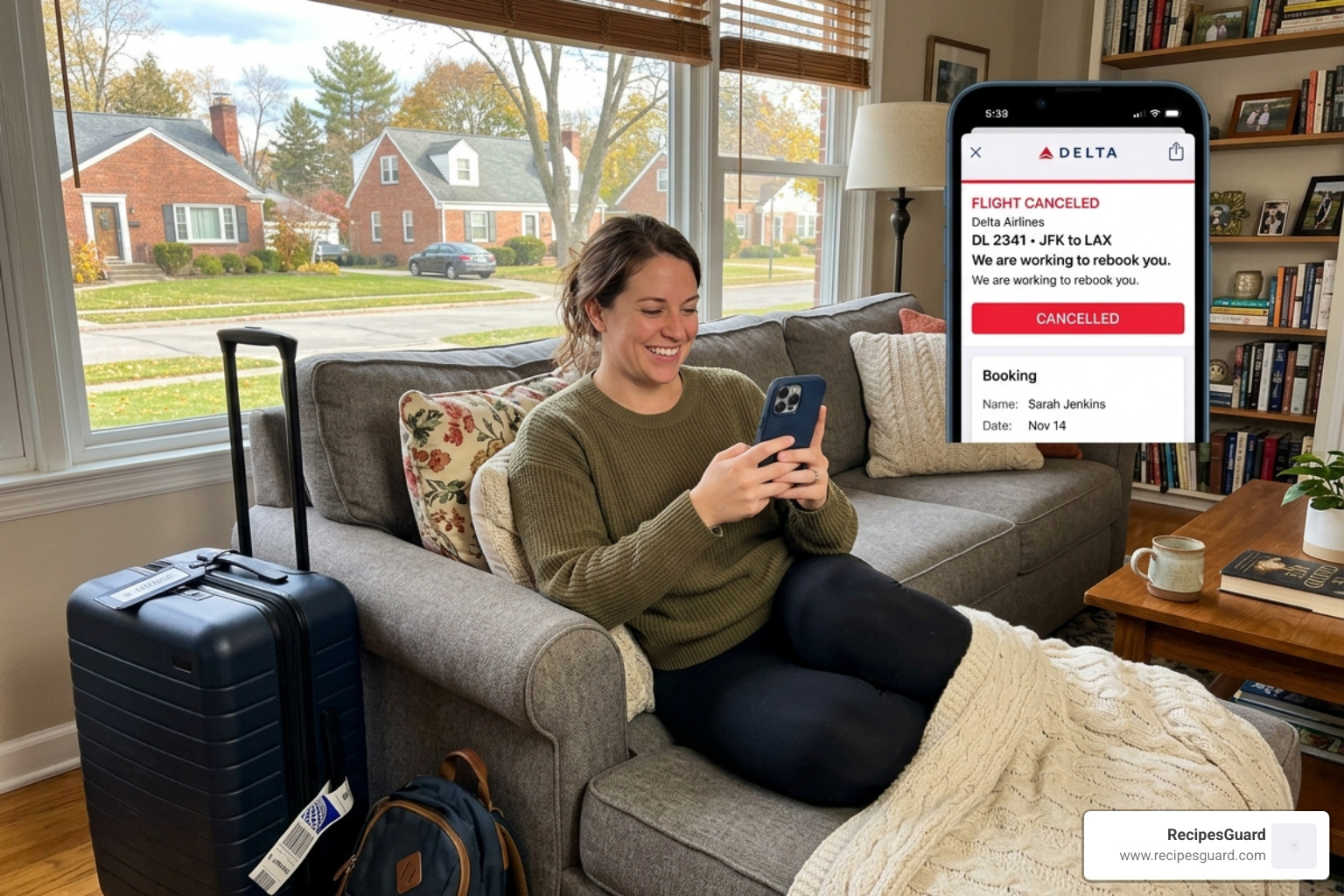 A traveler relaxing comfortably at home after deciding to cancel a stressful trip thanks to CFAR coverage - flight ticket
