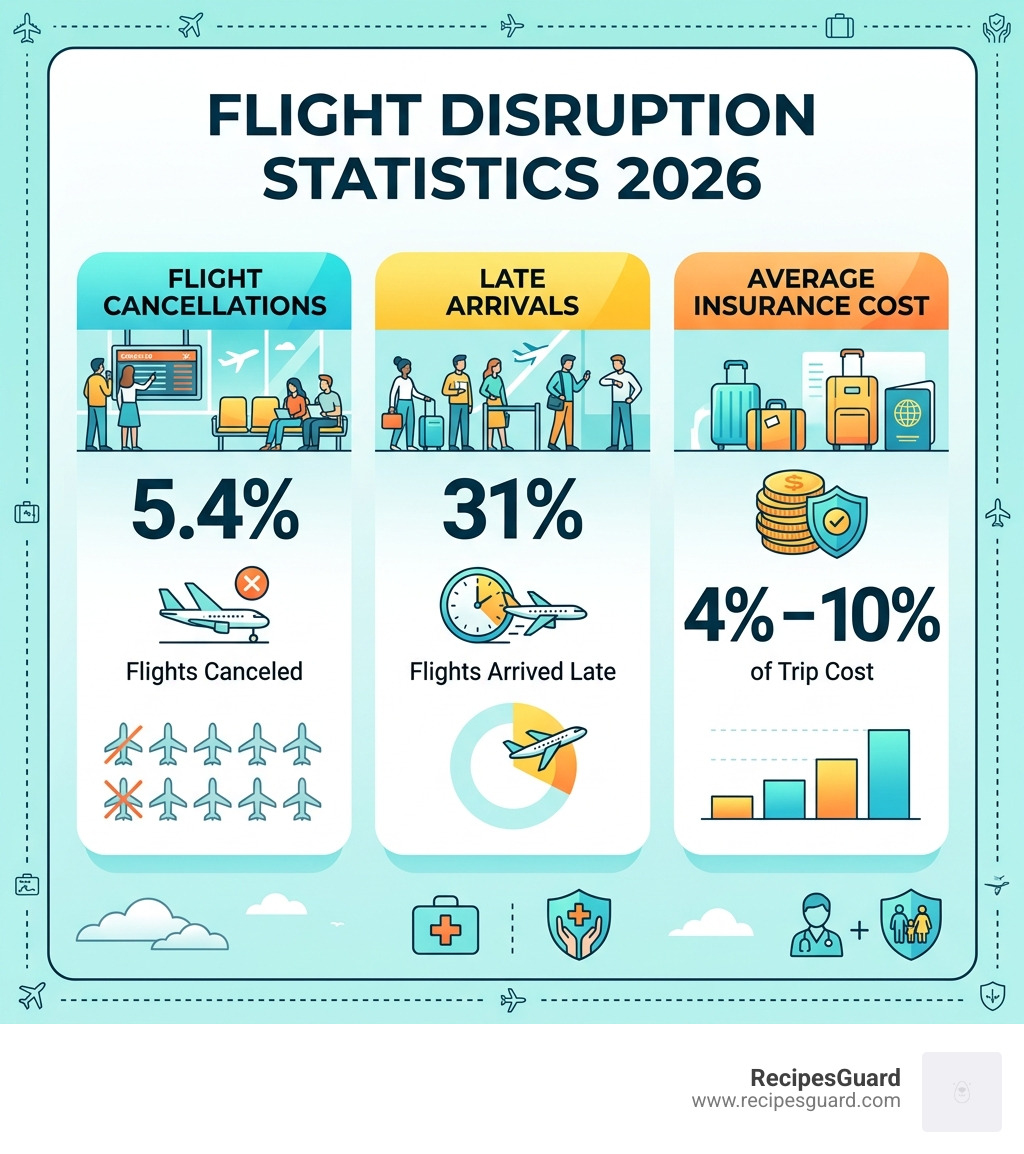 2026 flight disruption statistics infographic: 5.4% cancellations, 31% late arrivals, average insurance cost 4-10% of trip