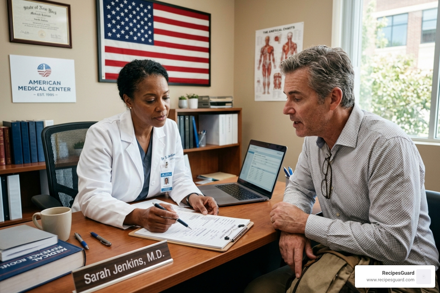 A traveler discussing medical history during a consultation - best travel insurance for cancer patients australia