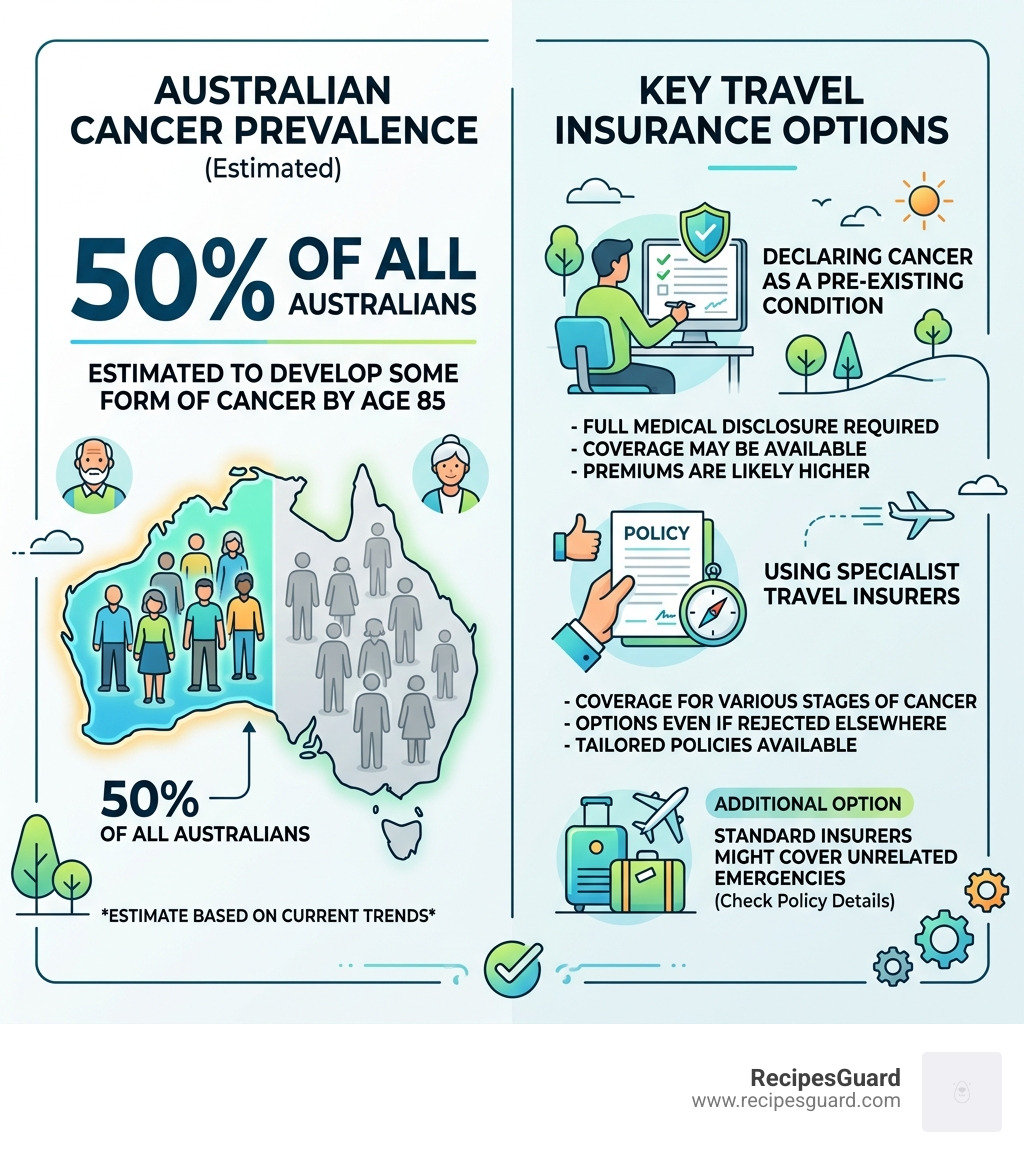 Infographic showing Australian cancer prevalence and key travel insurance options for cancer patients - best travel