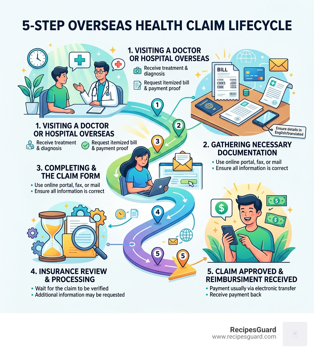 5-step overseas health claim lifecycle from medical visit to reimbursement - file overseas health claim infographic 