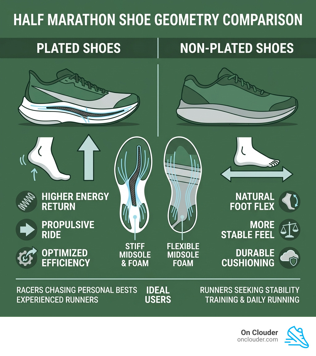 Plated vs non-plated half marathon shoe geometry comparison infographic - best half marathon shoes infographic Plated vs non-plated half marathon shoe geometry comparison infographic - best half marathon shoes infographic