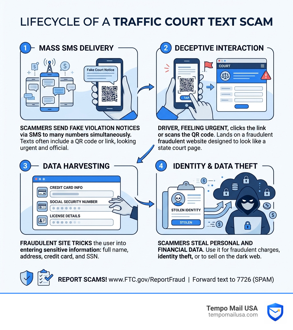 Lifecycle of a traffic court text scam from mass SMS to data theft - traffic court text scam infographic 