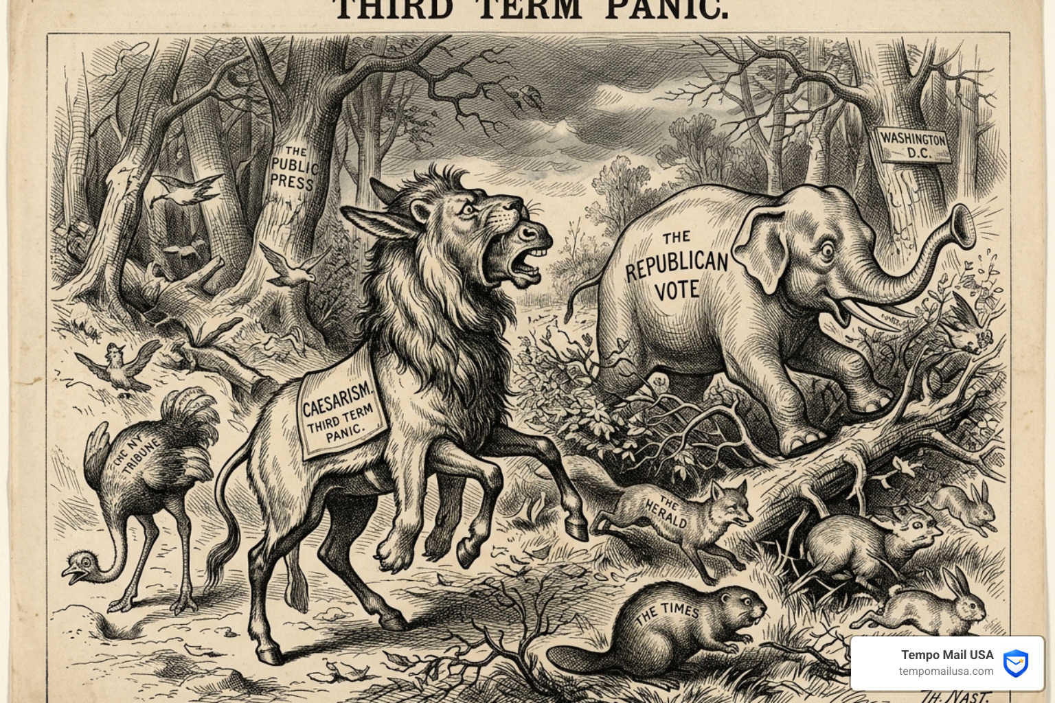 Thomas Nast 1874 Third Term Panic cartoon showing various animals - what does gop stand for Thomas Nast 1874 Third Term Panic cartoon showing various animals - what does gop stand for