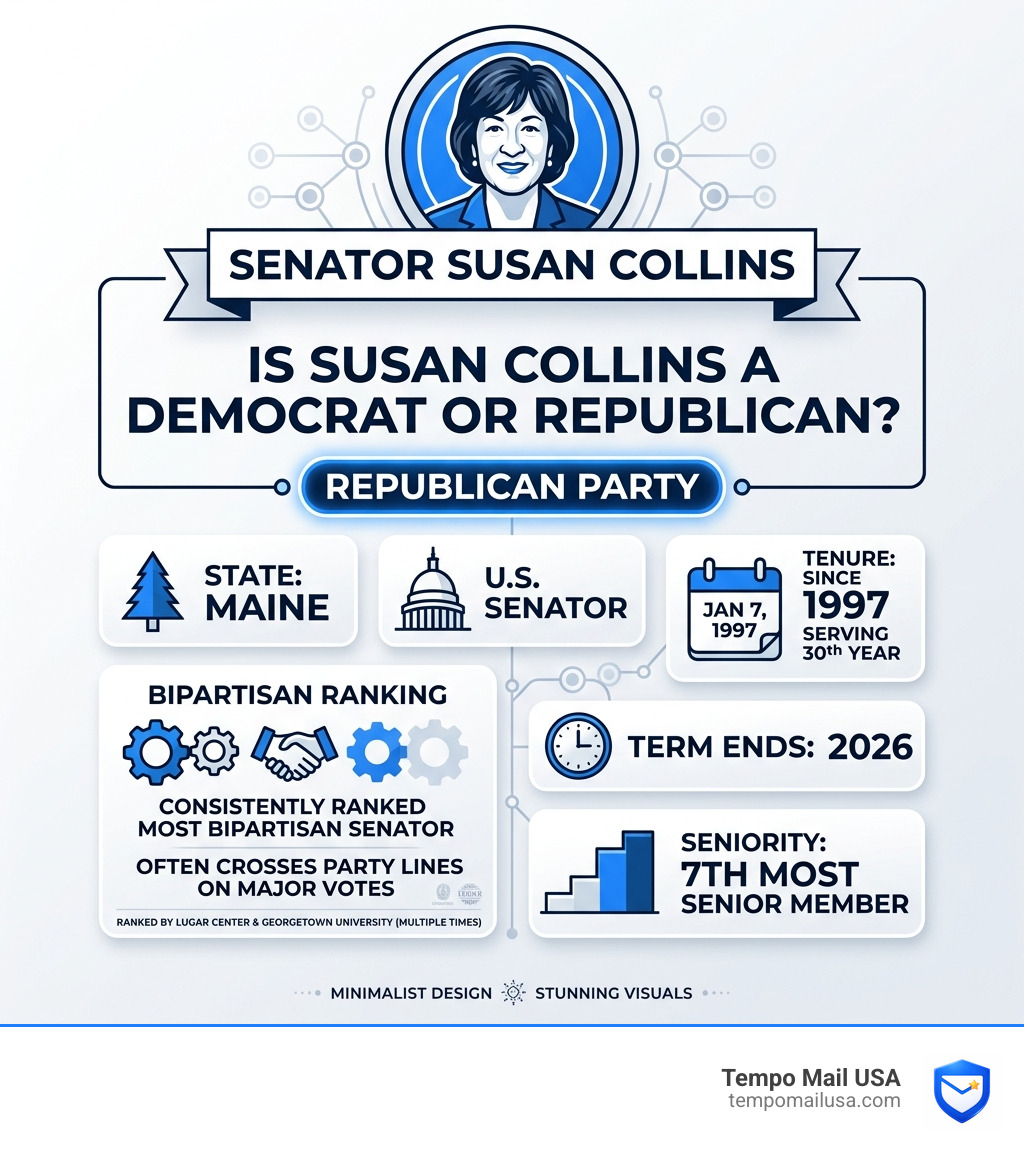 Infographic showing Susan Collins party affiliation Republican senator Maine tenure bipartisan ranking - is susan collins a Infographic showing Susan Collins party affiliation Republican senator Maine tenure bipartisan ranking - is susan collins a