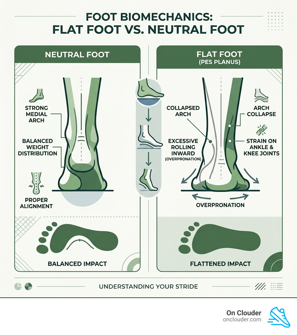 flat foot anatomy showing overpronation and arch collapse compared to neutral foot - sneakers for flat feet infographic flat foot anatomy showing overpronation and arch collapse compared to neutral foot - sneakers for flat feet infographic
