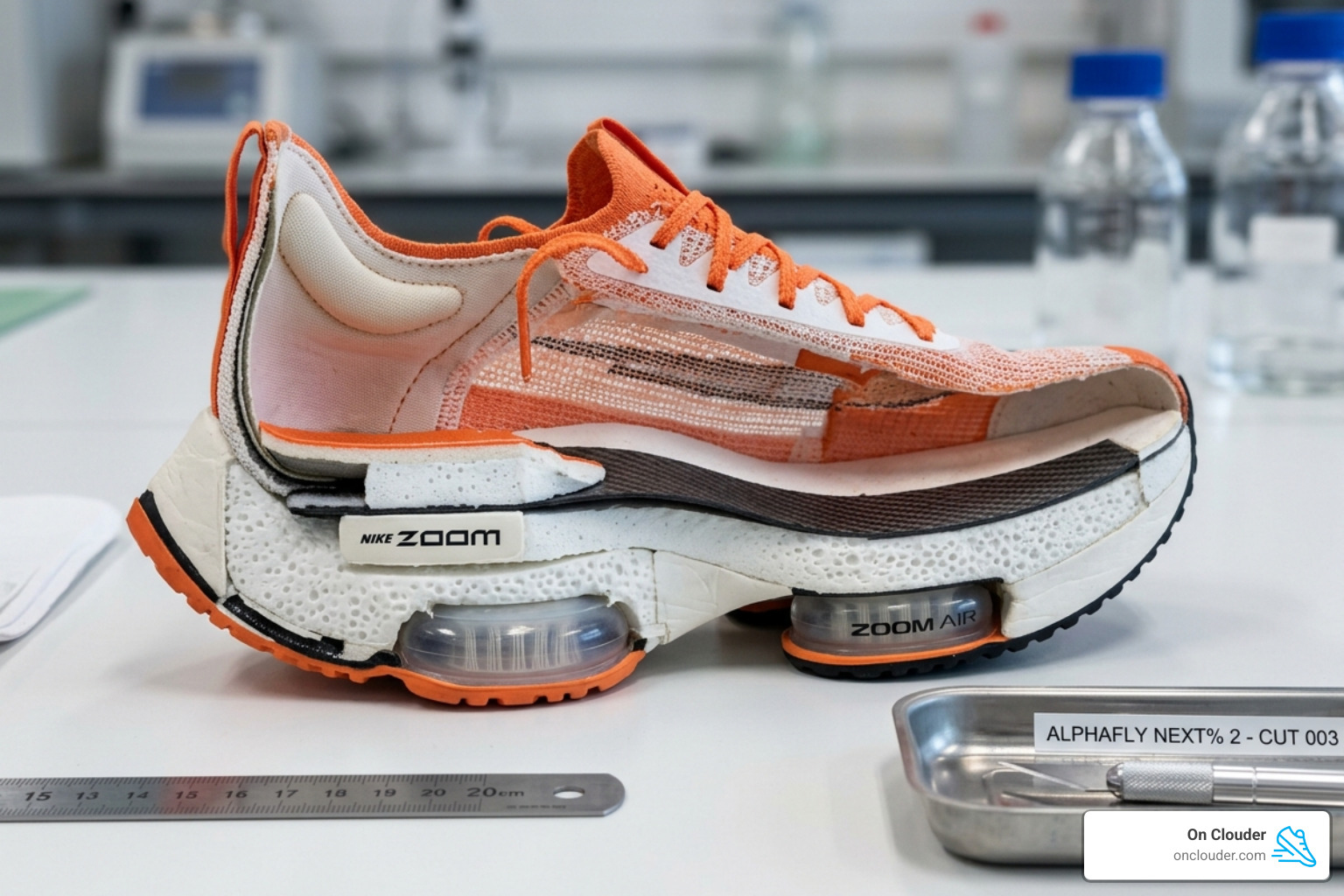 A running shoe cut in half to show the internal foam layers and carbon plate - running shoe comparison site