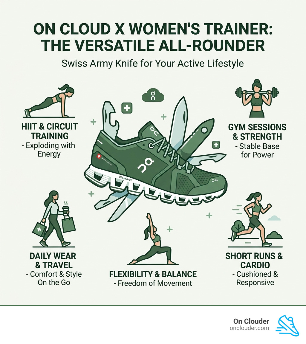 Infographic showing the all-in-one versatility of the On Cloud X women's trainer across training activities - on cloud