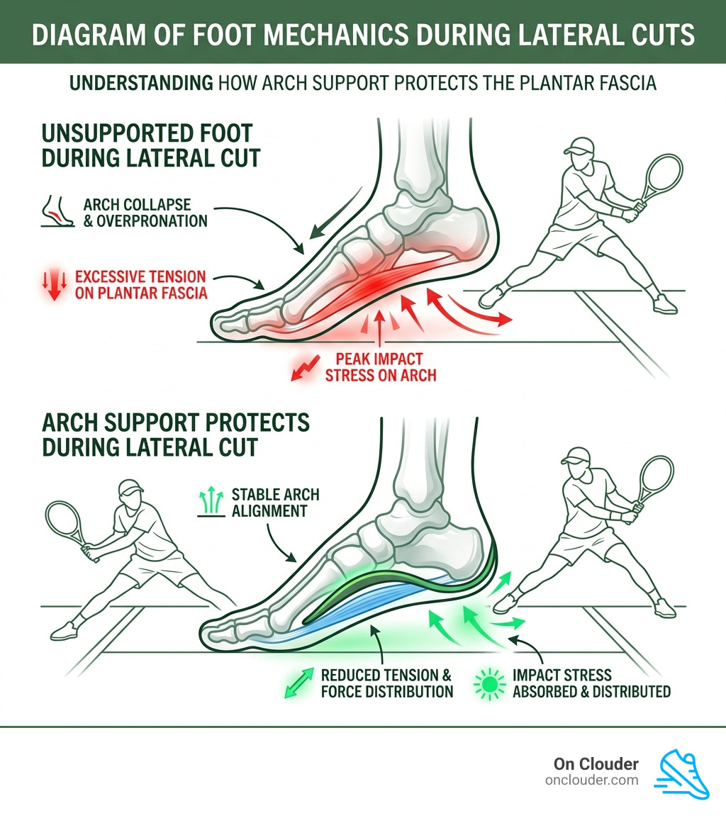 diagram of foot mechanics showing how arch support protects the plantar fascia during lateral cuts - best tennis shoes for