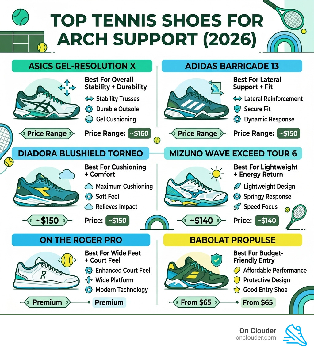 infographic showing top tennis shoes for arch support with key features and price range - best tennis shoes for arch support
