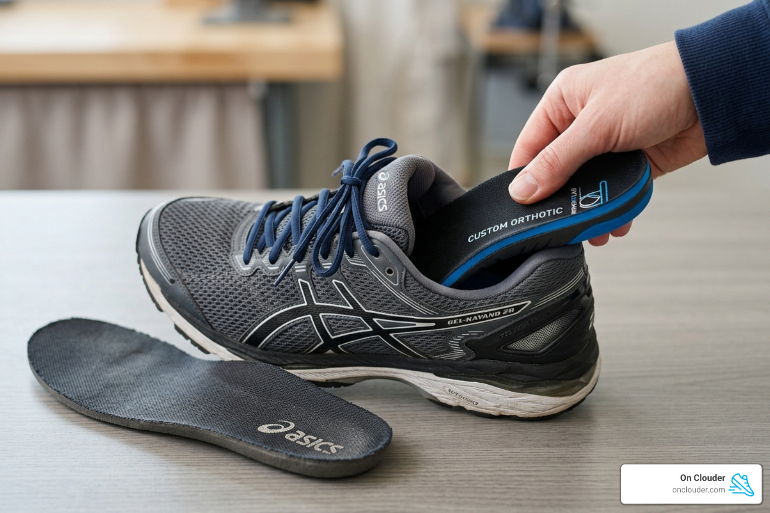 close-up of a tennis shoe with a custom orthotic being inserted - best tennis shoes for arch support