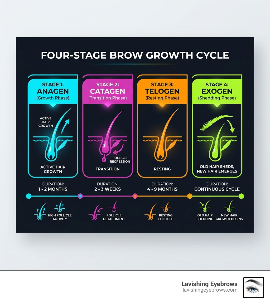 Infographic showing the 4-stage brow growth cycle: Anagen, Catagen, Telogen, Exogen with timelines - natural eyebrow