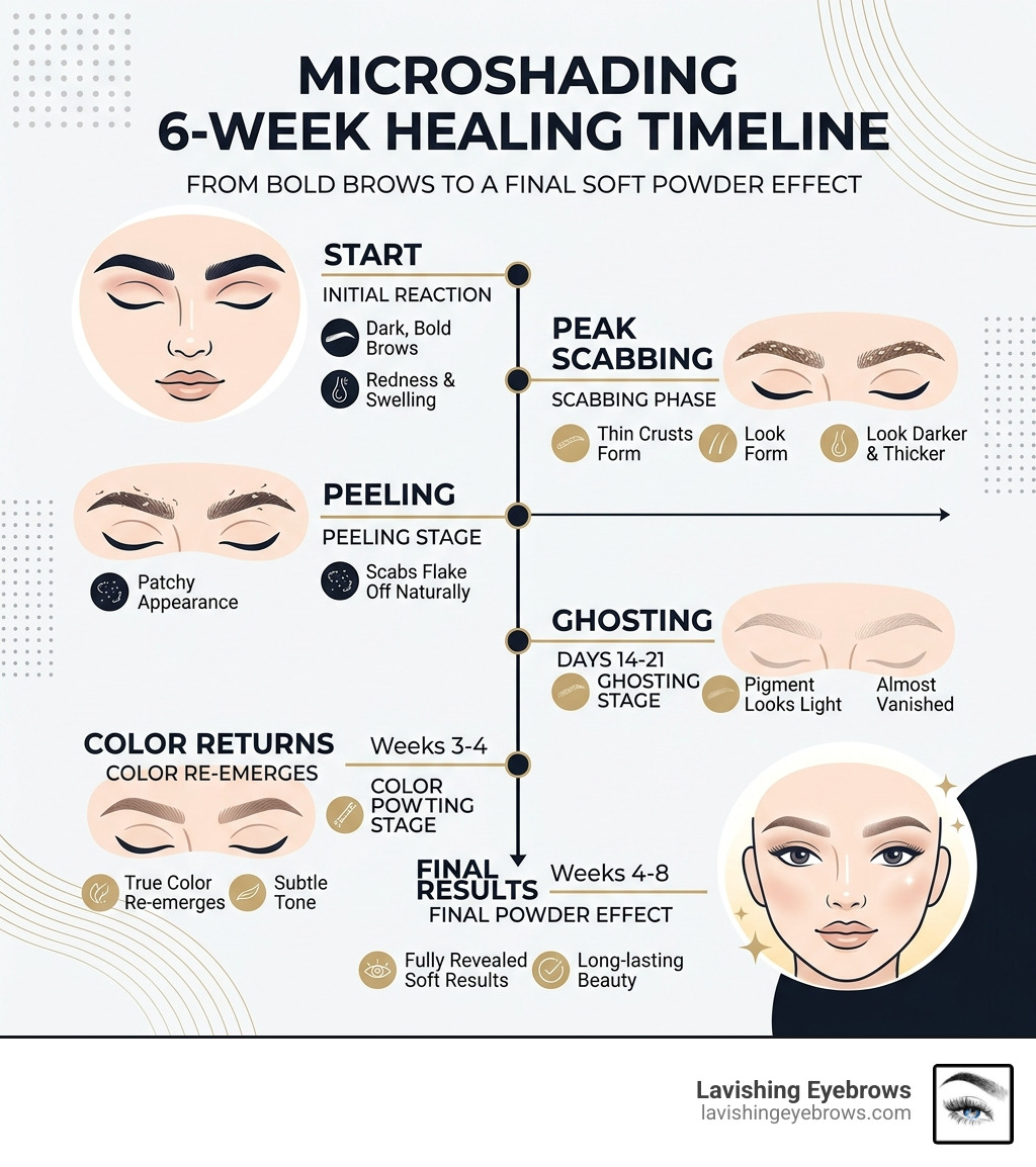 Microshading 6-week healing timeline infographic from bold brows to final soft powder effect - microshading healing process