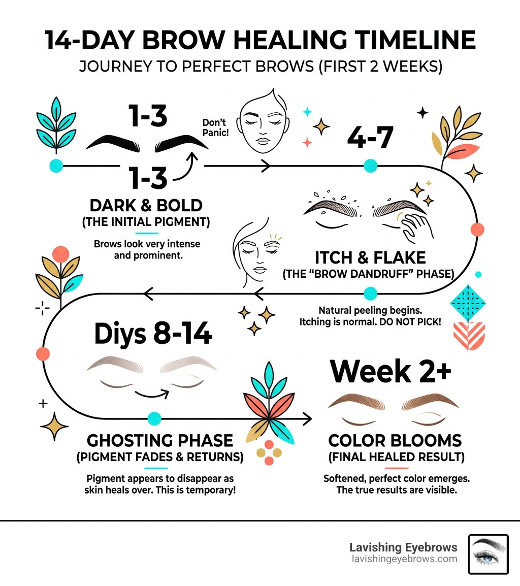 Infographic showing the 14-day brow healing timeline - permanent brow makeup infographic 