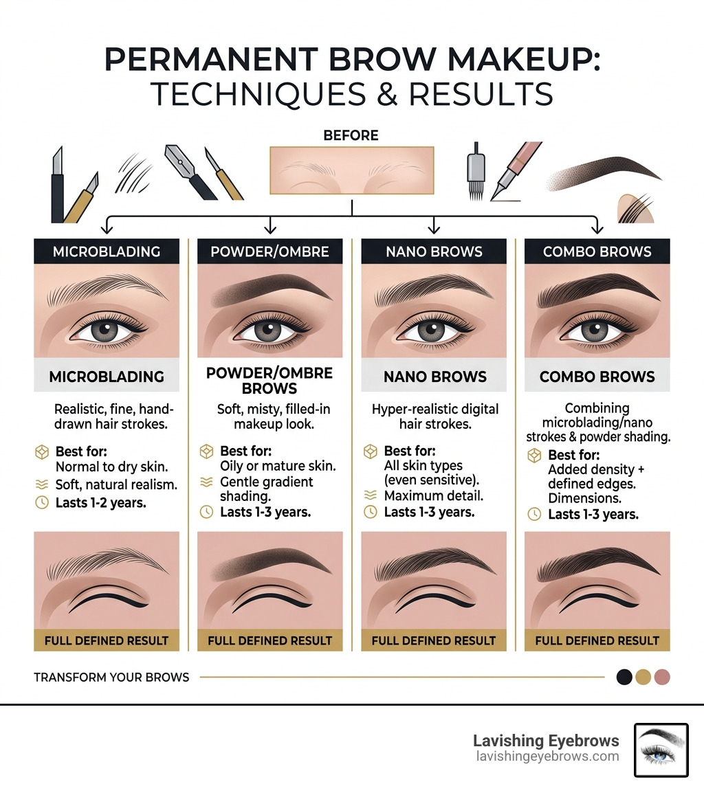 Comparison of permanent brow makeup techniques from sparse brows to full defined results - permanent brow makeup infographic 