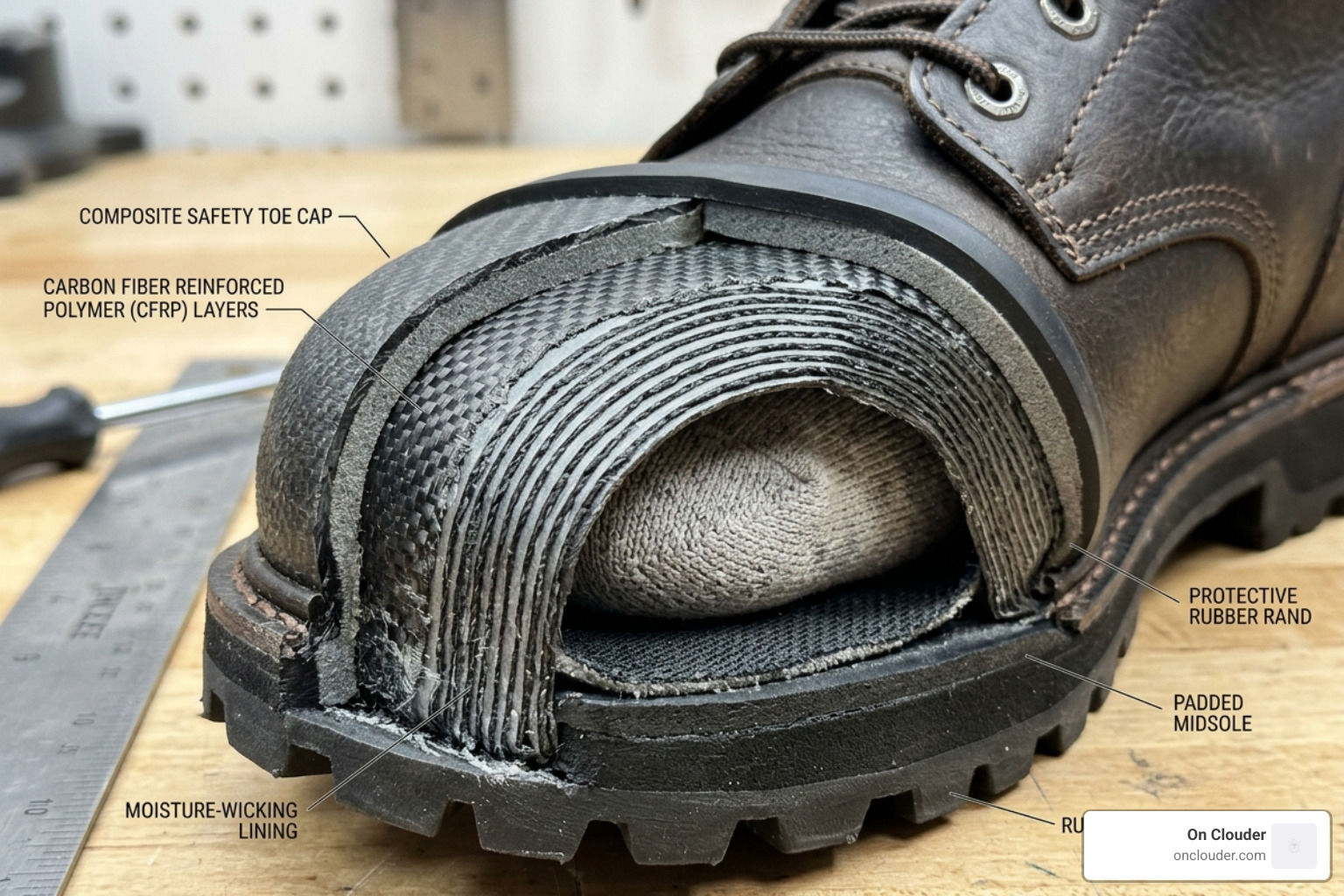 Internal structure of a composite safety toe showing layers of carbon fiber and polymer - orthopedic composite toe shoes Internal structure of a composite safety toe showing layers of carbon fiber and polymer - orthopedic composite toe shoes