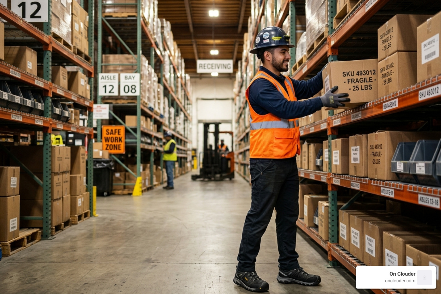 A worker wearing athletic-style composite toe shoes in a warehouse setting - orthopedic composite toe shoes A worker wearing athletic-style composite toe shoes in a warehouse setting - orthopedic composite toe shoes