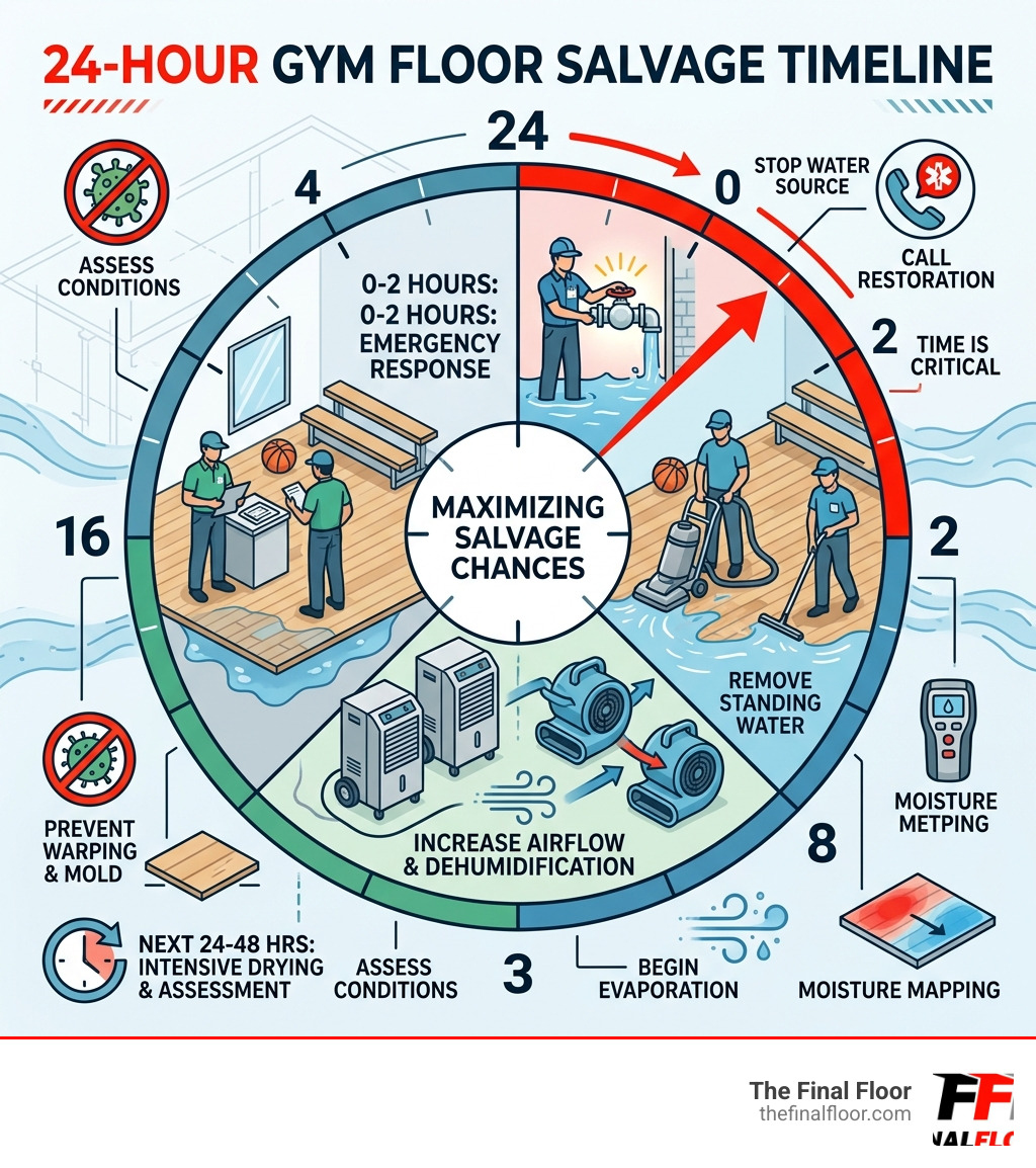 24-hour gym floor salvage timeline infographic for water damage in institutional facilities - water damage lexington ky
