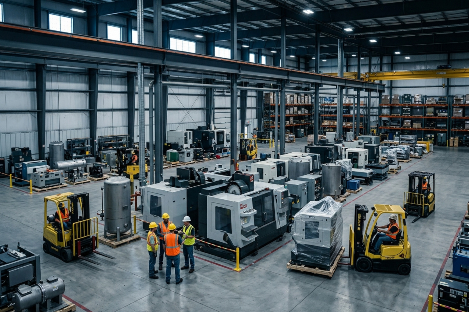 climate-controlled industrial storage facility showing heavy equipment organized for staging - industrial rigging warehouse