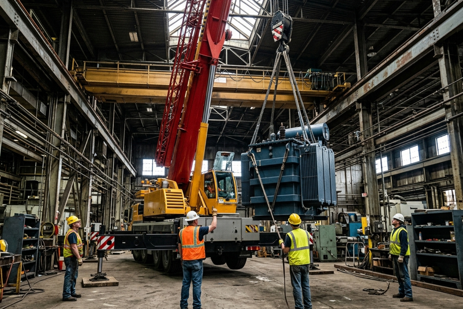 crane lifting a heavy industrial transformer during a plant relocation project - industrial rigging warehouse New England