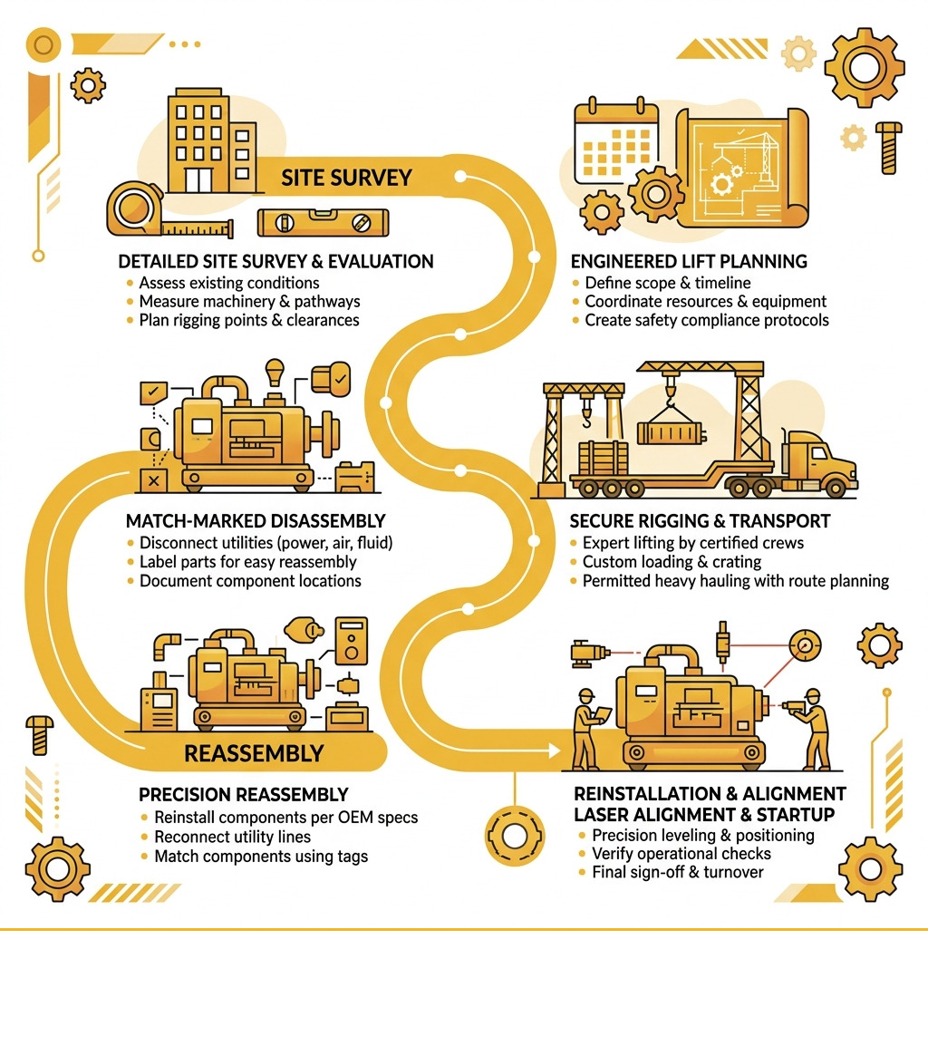Infographic showing the lifecycle of an industrial machinery relocation project from site survey to reinstallation
